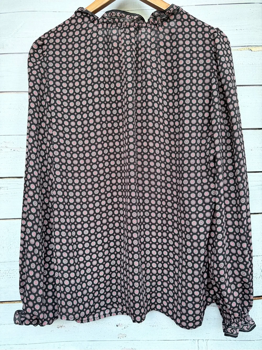 Max Studio Black Blouse with Pink Dot Print and V-Neck